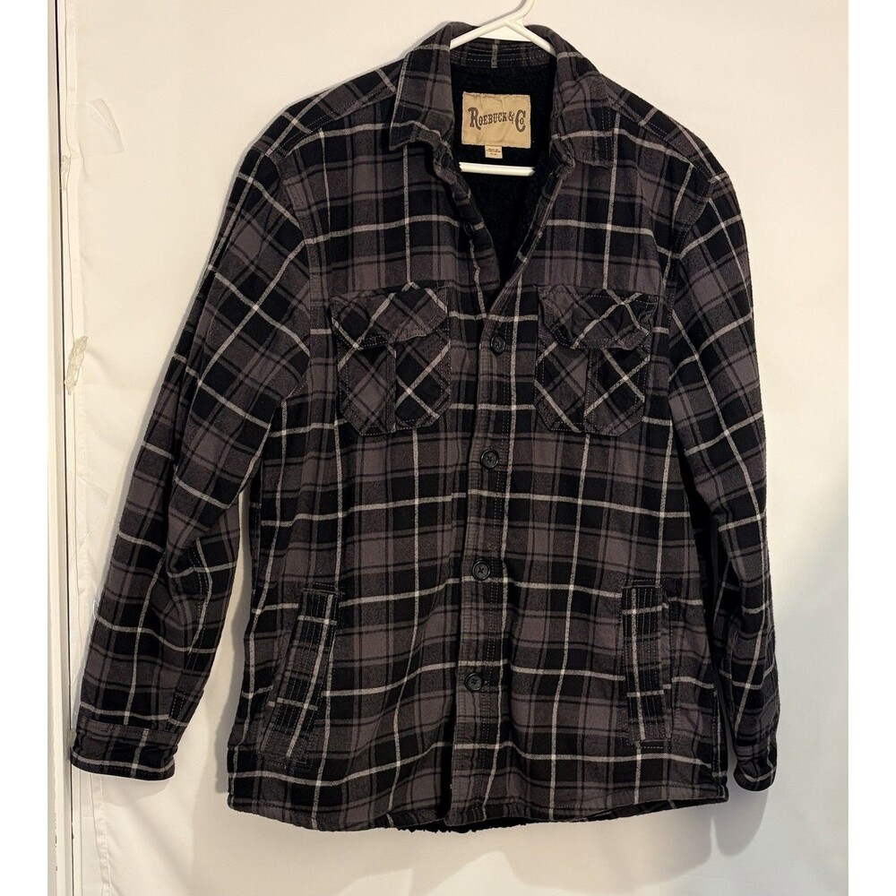 Roebuck & Co Men’s M Sherpa Lined Cotton Plaid Shirt Shacket Gray Green Black
